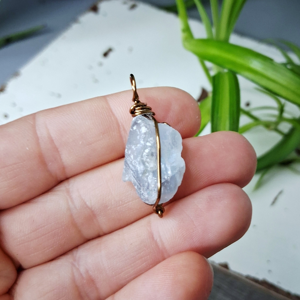 Raw Celestite Crystal Pendant with Bronze Wire Wrap